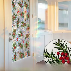 Detail showing red berries and pine needles static window film with rainbow prism effect