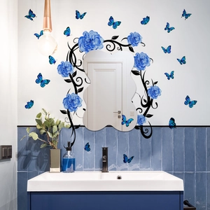 Blue Rose Vine Butterfly Mirror Wall Stickers PET Self Adhesive Floral Wall Decals For Modern Living Room Home Decor