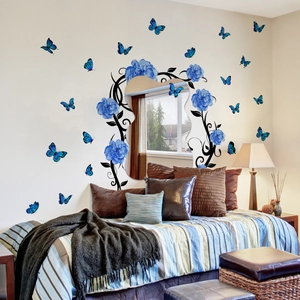 Blue floral vine and butterfly mirror wall decals for bedroom decor with mirror