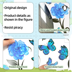 Close-up of frosted blue flower wall stickers with waterproof mirror effect and adhesive back