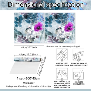Dimensiones del papel pintado floral 600x45cm con guía de instalación del rollo adhesivo