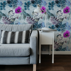 Papel Pintado Autoadhesivo de Amapola Púrpura en Acuarela Vintage Vinilo de Pared de Hoja Azul Para Sala de Estar Dormitorio