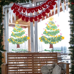 Stickers de Noël fenêtre avec sapins verts, étoiles jaunes et guirlande de moufles