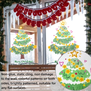 Stickers de fenêtre sapin de Noël double face avec étoiles jaunes et décorations de cœur