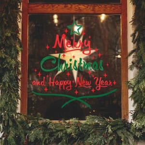 Sparkly Merry Christmas window decal with red and green glitter tree-shaped lettering