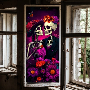 Adesivo Da Parete Halloween Giorno Dei Morti Coppia Scheletro Fiori Vetrofania PVC Impermeabile Arredo Artistico
