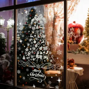 Silver glitter Christmas tree window decal with reindeer and snowflakes for festive decor