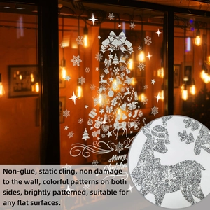 Detail of silver glitter reindeer and snowflake Christmas tree static window stickers