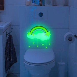 Luminous green rainbow cloud stars toilet sticker glowing in dark bathroom wall decor