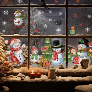 Pegatinas navideñas para ventanas con muñeco de nieve y copos sobre fondo de invierno