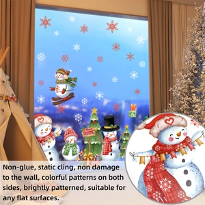 Detalle de pegatinas navideñas de doble cara para ventanas con muñecos de nieve y nieve