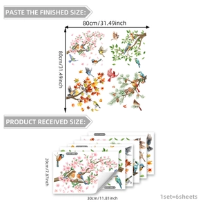 Seasonal birds and flowers window decals set with double-sided visible cherry blossoms
