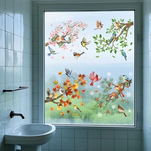 Seasonal birds and flowers glass window stickers with cherry blossoms and autumn leaves