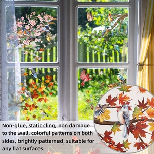 Close-up of static cling window stickers with colorful bird and seasonal plant patterns