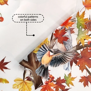 Close-up of double-sided autumn maple leaves and bird window stickers on transparent film