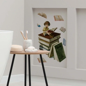 Aquarell-Wandaufkleber Mädchen auf Büchern in gemütlicher Badezimmerdekoration