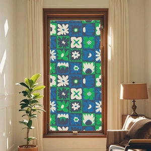 Decorative window privacy film with blue and green floral geometric pattern for home decor