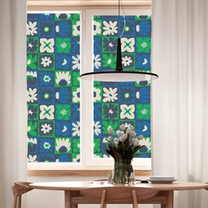 Modern blue floral geometric static window film for home privacy and glass decoration