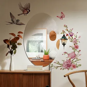 Pink floral branch wall decal with birds and vintage lantern for kids bedroom decor