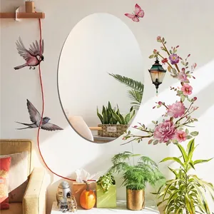 Pink birds and floral branch wall stickers with vintage chandelier for home decor