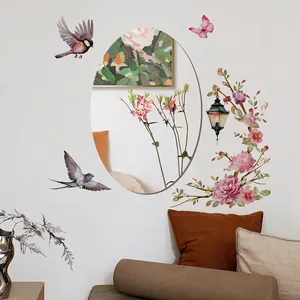 Pink bird and flower wall stickers with vintage lamp for living room decor
