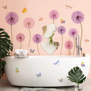 Floral wall stickers featuring dandelions, butterflies and female silhouette for room decor