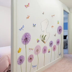 Floral wall decal with dandelion butterfly and mirror finish girl silhouette for home decor