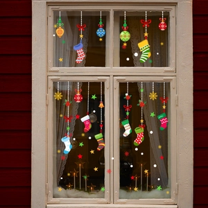 Christmas stocking window stickers with colorful ornaments and snowflakes on a white frame