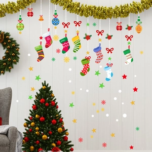 Christmas stocking wall stickers with colorful ornaments on a white wood background