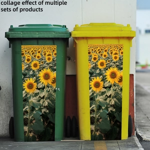 Outdoor trash cans with decorative sunflower stickers in vibrant green and yellow colors