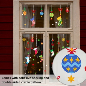 Detailed view of double-sided Christmas stocking window stickers with vivid festive patterns
