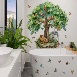 Jungle animals wall stickers with floating trees and watercolor lions for kids rooms
