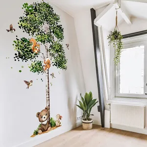 Cartoon forest animals and birch tree wall decals for nursery and kids bedroom decor