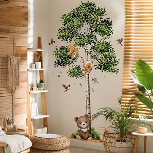 Green birch tree and forest animals wall sticker set for kids room bedroom decoration