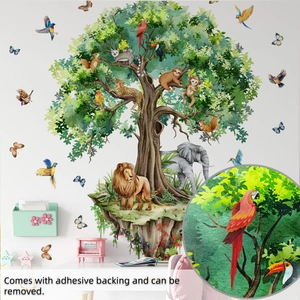 Close-up of tropical forest animal wall stickers with watercolor tree, lion, and elephant