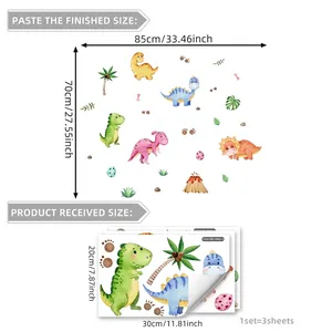 Glow-in-the-dark cartoon dinosaur wall stickers for kids room decor, 85x70cm set