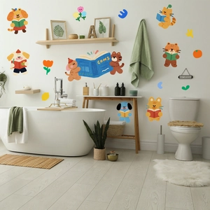 Self-adhesive cartoon animals reading wall stickers for kids room and bathroom decor
