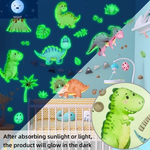 Glow in the dark dinosaur wall stickers showing day and night fluorescence comparison