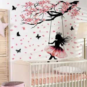 Pink blossom branch and little girl on swing wall sticker for girl's nursery decoration