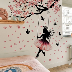 Cherry Blossom Girl Swinging Wall Stickers Pink Floral DIY Butterfly PVC Wall Decals For Kids Nursery Bedroom Decor