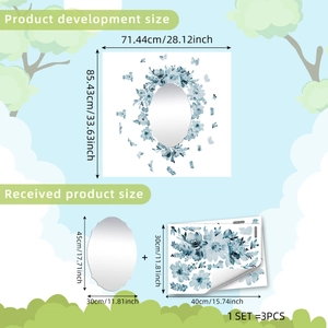 Blue watercolor floral wall decals with oval mirror sticker set for bedroom decor