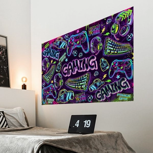 Neon gaming wall sticker with controller and headphones for modern bedroom decor