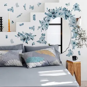 Blue watercolor floral wall stickers with butterflies for creative bedroom decor