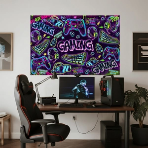 Neon gaming room wall sticker featuring controllers and headsets for immersive game decor