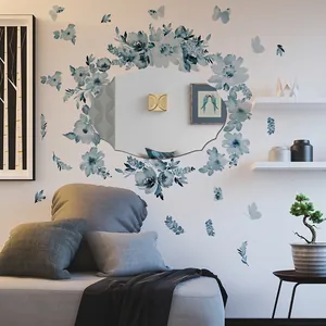Watercolor Blue Floral Butterfly Wall Stickers Acrylic Mirror Self Adhesive Art Mural For Bedroom Nursery Living Room