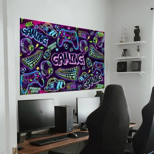 Cyberpunk gaming wall poster with neon controllers and headphones for room decor