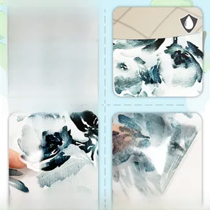 Detail showing blue watercolor flower stickers in mirror and frosted textures on surface