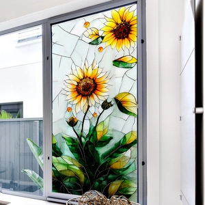 Artistic sunflower static cling window film with oil painting style and ice crack texture