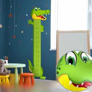 Detail of green crocodile height chart wall sticker showing seamless edge on blue background
