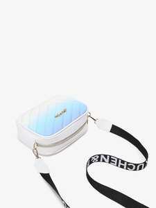 Detail of blue gradient quilted crossbody bag featuring golden logo and woven strap